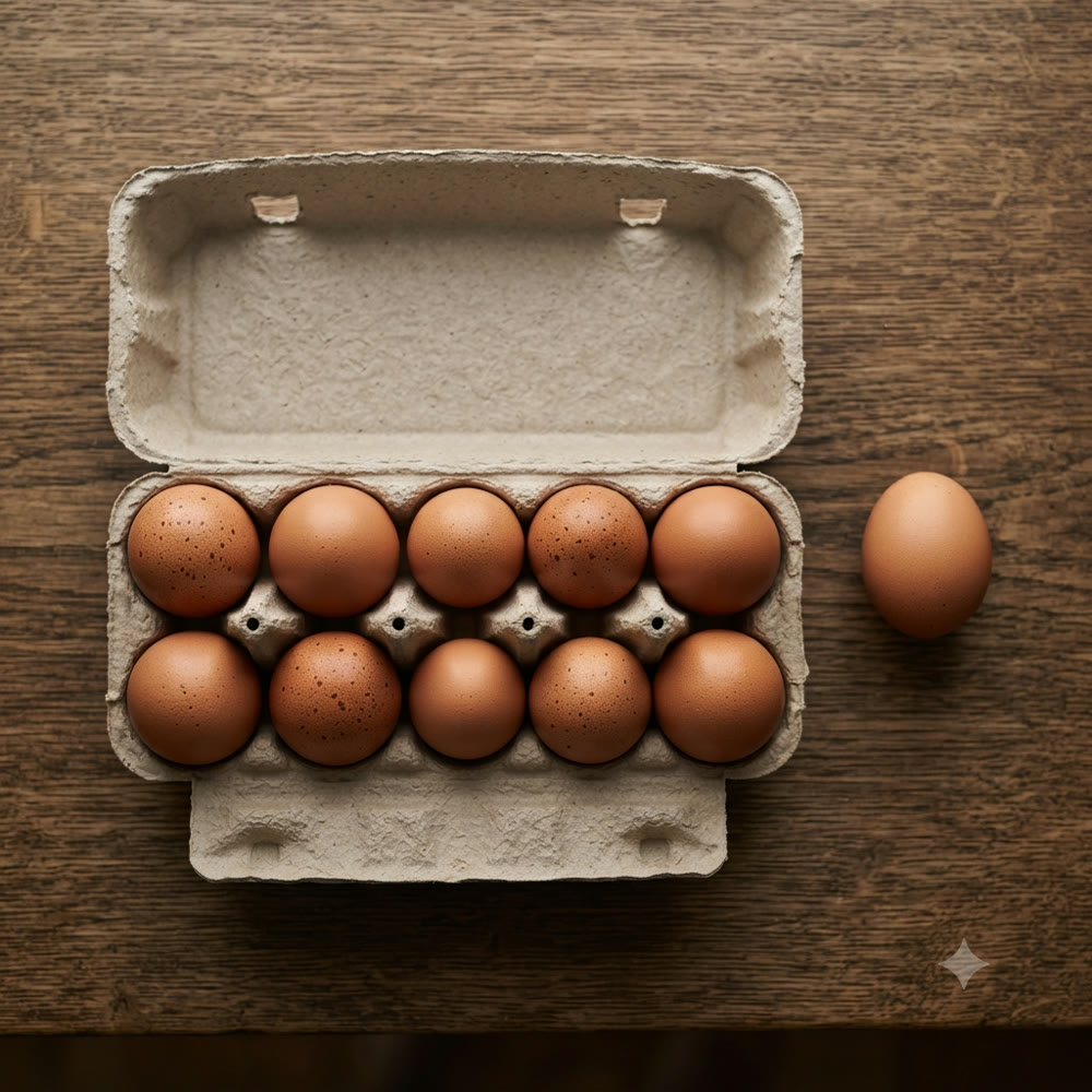 A carton of eggs beside glass pantry jars on a wooden shelf