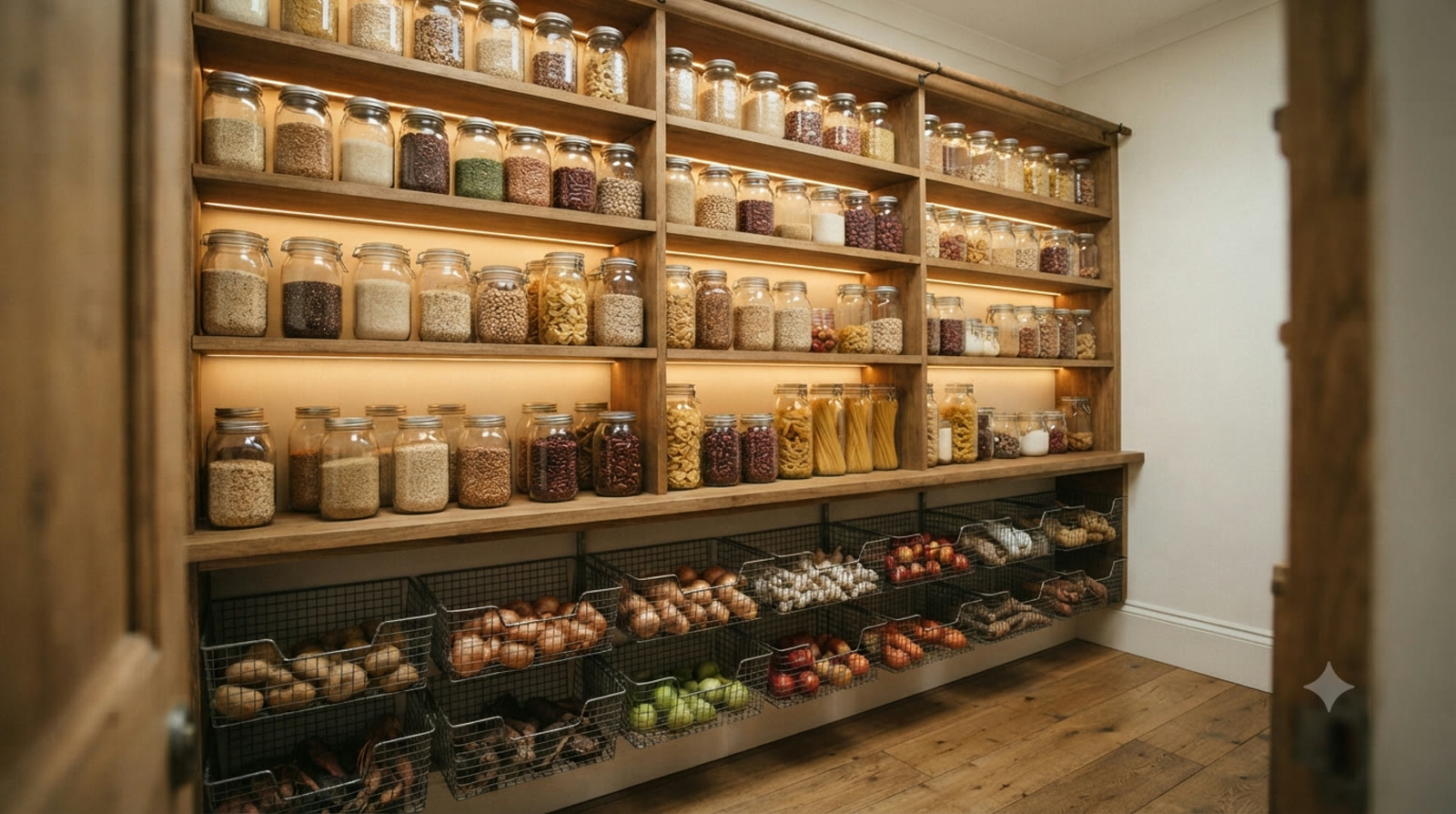 A tidy pantry wall of labeled glass jars on warm wooden shelves, lit by an under-shelf light band