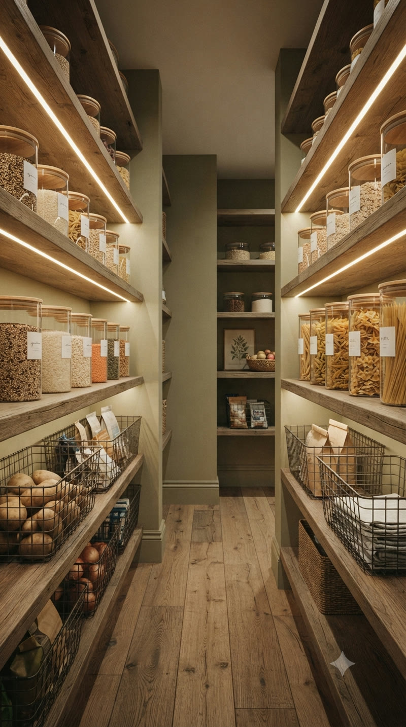 Tall pantry shelves of labeled glass jars holding dry staples